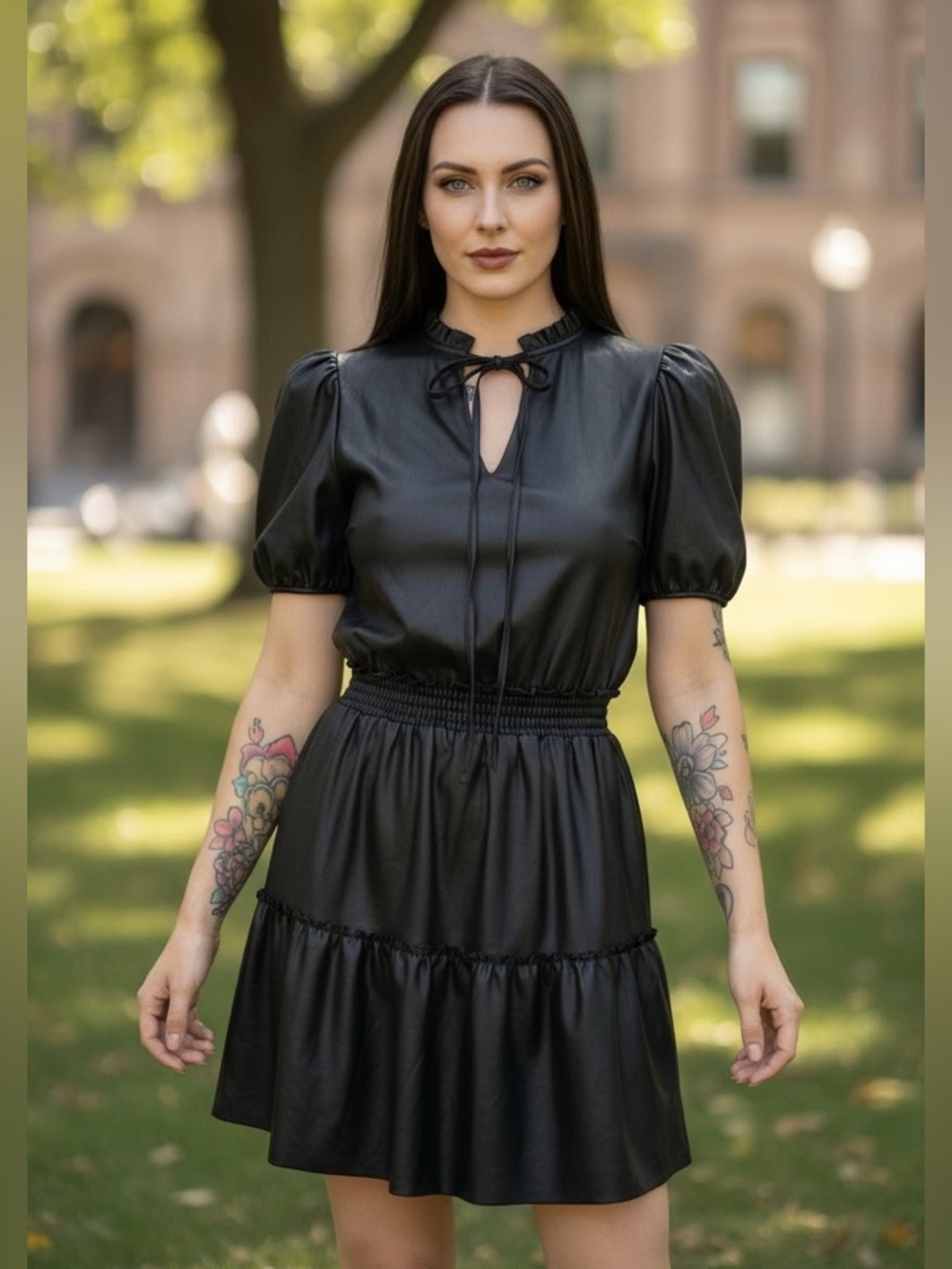 Anthropologie DREW Faux Leather Smocked Waist Midi Dress Boho Black Small